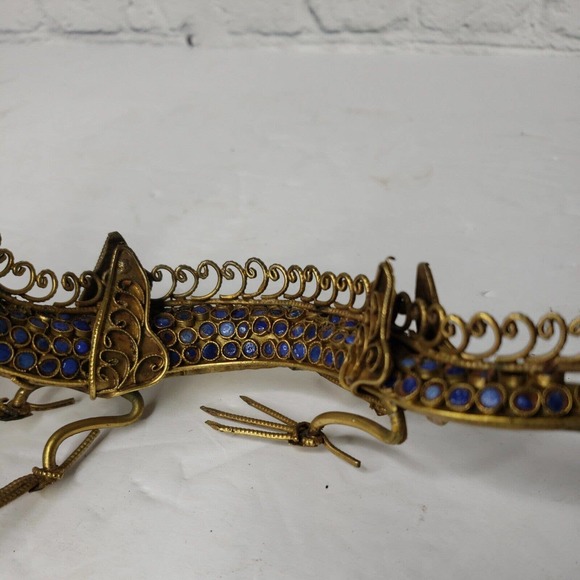 Vintage Asian Gemstone Inlaid Brass Filigree Dragon Sculpture, Himalayan Folk... - Picture 6 of 12